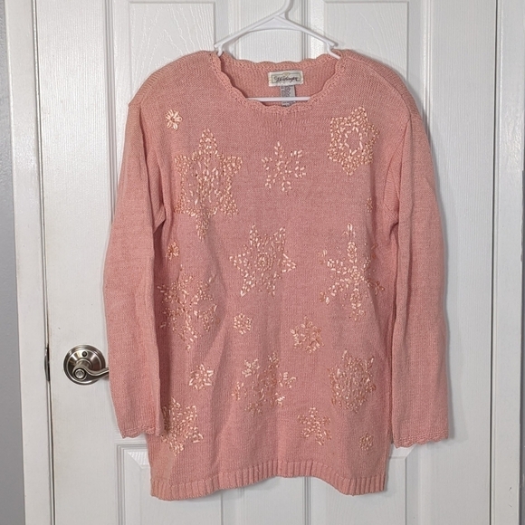Vintage Worthington Pink Ribbon Embroidered Ramie Holiday Sweater Size Medium‎ - Picture 1 of 7